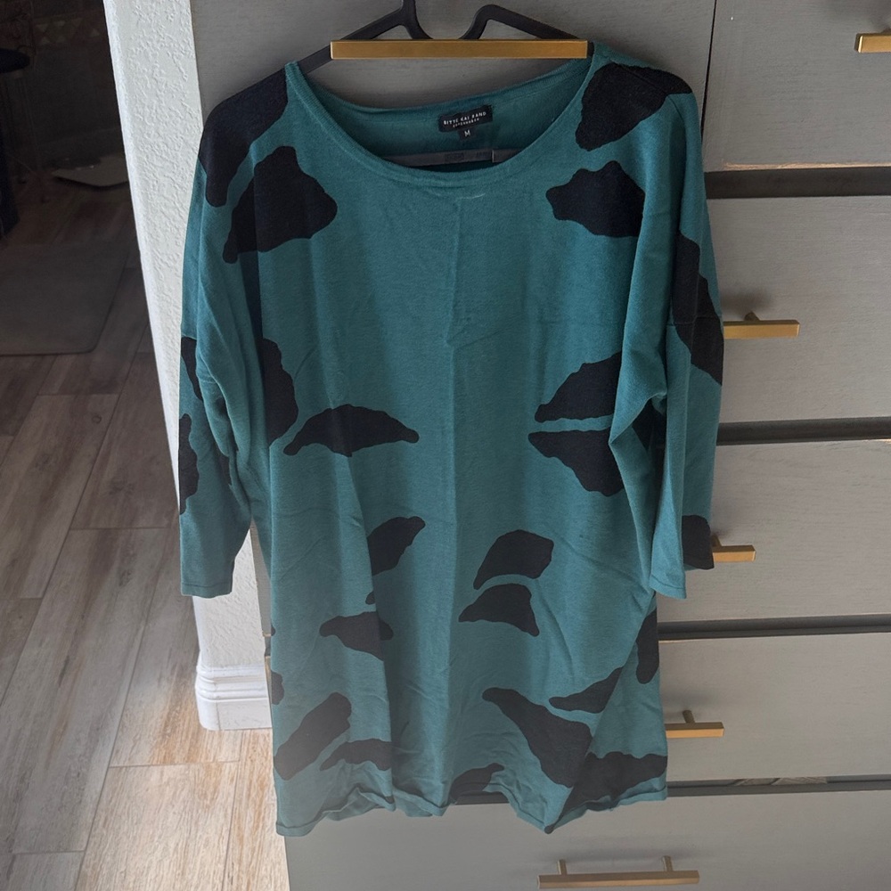Relaxed Teal Crewneck Sweater with Black Abstract Spots